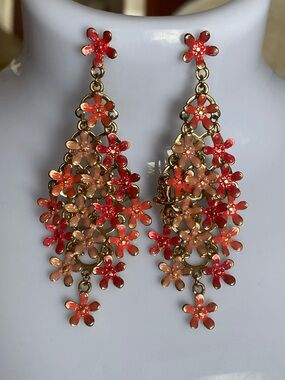 Floral Cascade pierced Dangle Earrings - Red & Peach